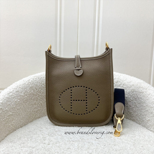 Hermes Mini Evelyne TPM in Etoupe Clemence Leather with Bleu Indigo Strap and GHW