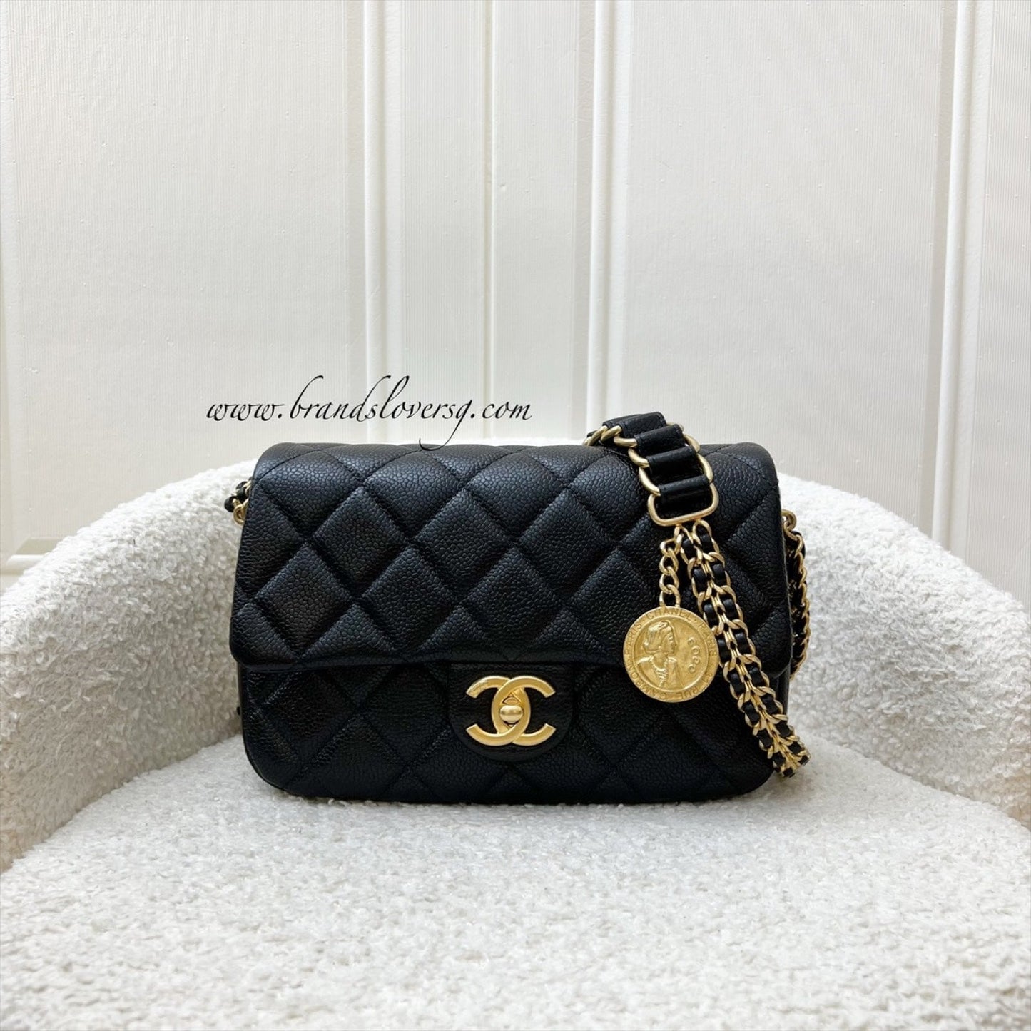 Chanel 21A Medallion Small Flap in Black Caviar and AGHW (Model: AS2528)