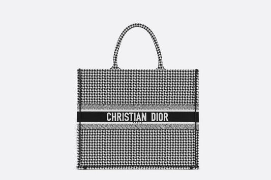 Christian Dior Book Tote Black and White Houndstooth Embroidery