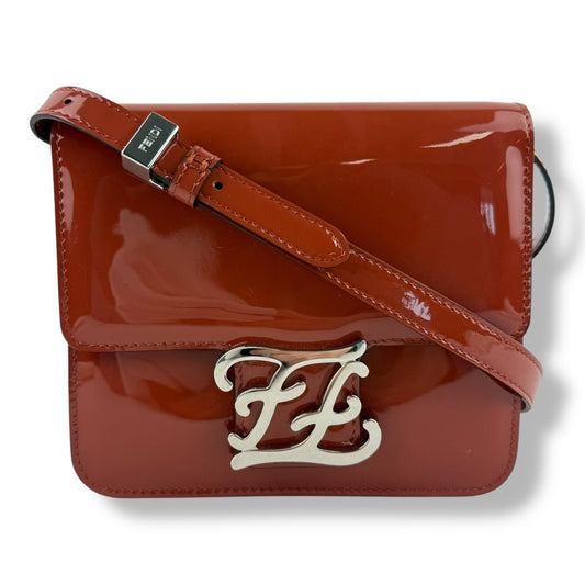 Fendi FF Karligraphy Brown Vernice Patent Leather Crossbody Handbag