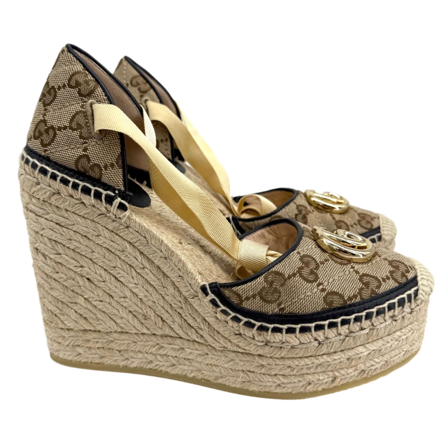 Gucci GG Marmont Monogram Matelassé Espadrille Wedges – Beige, Ebony &amp; Sand Storm (Size 36)