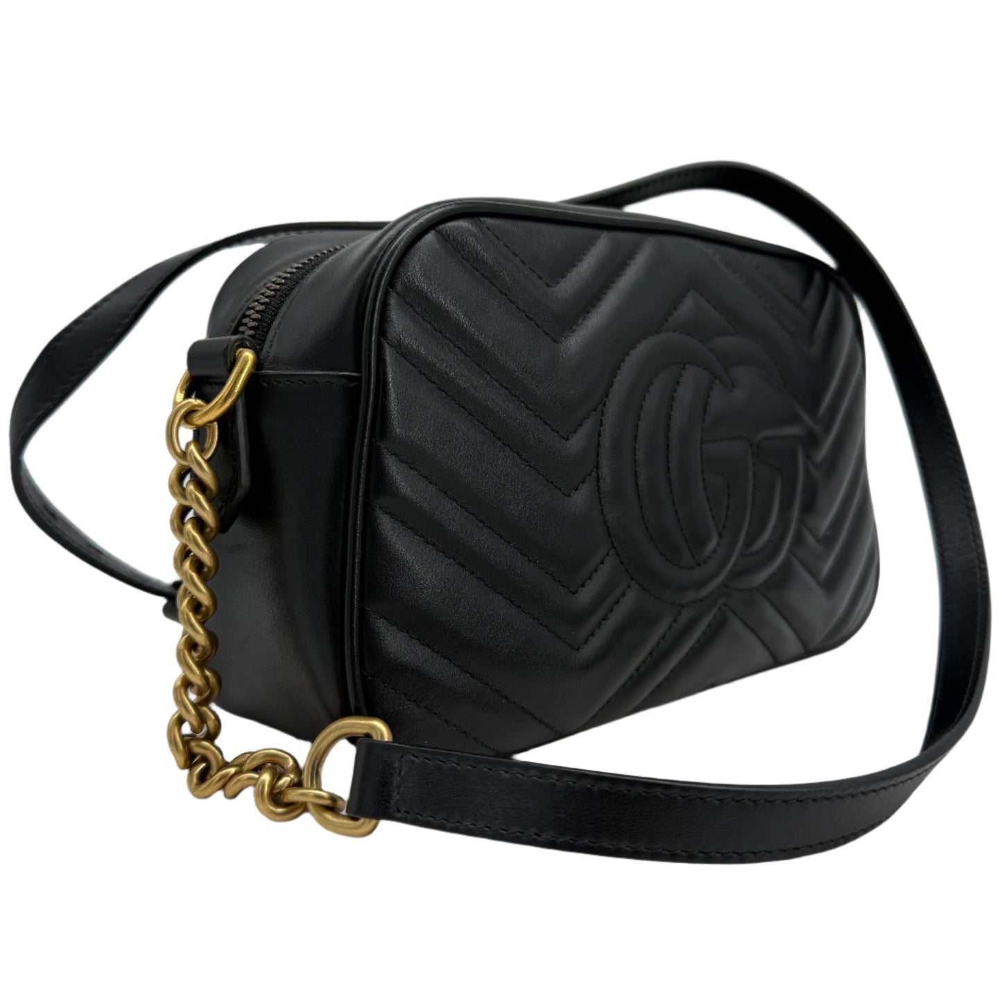 Gucci GG Marmont Small Shoulder Bag – Black Matelassé Calfskin with Antiqued Gold Chain