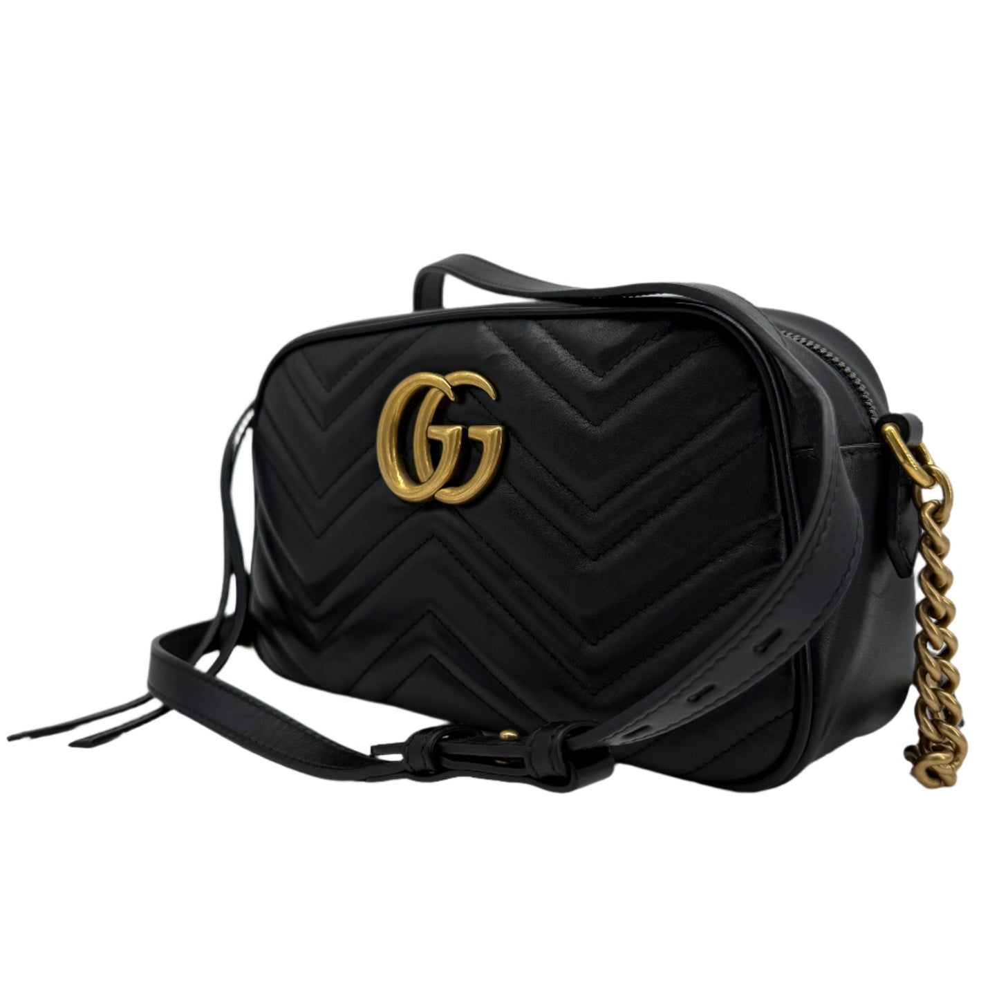 Gucci GG Marmont Small Shoulder Bag – Black Matelassé Calfskin with Antiqued Gold Chain