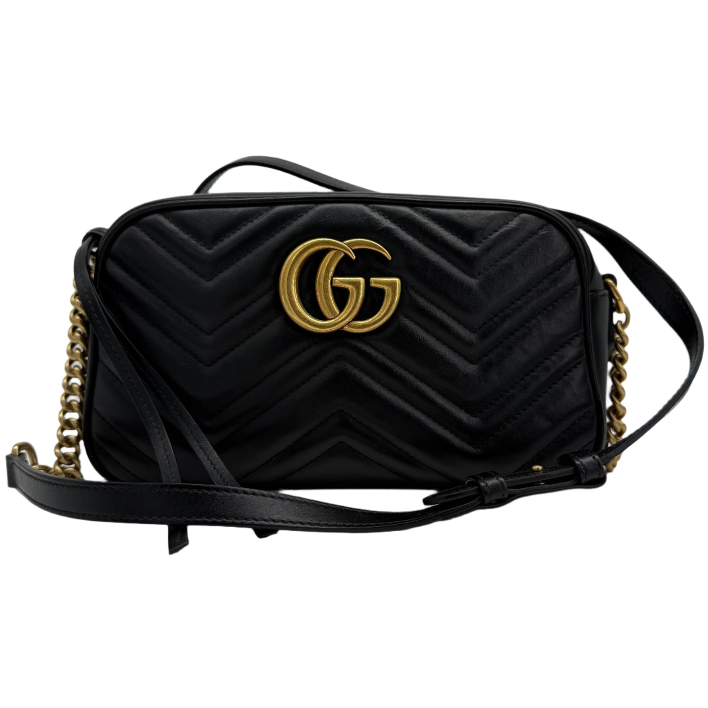 Gucci GG Marmont Small Shoulder Bag – Black Matelassé Calfskin with Antiqued Gold Chain