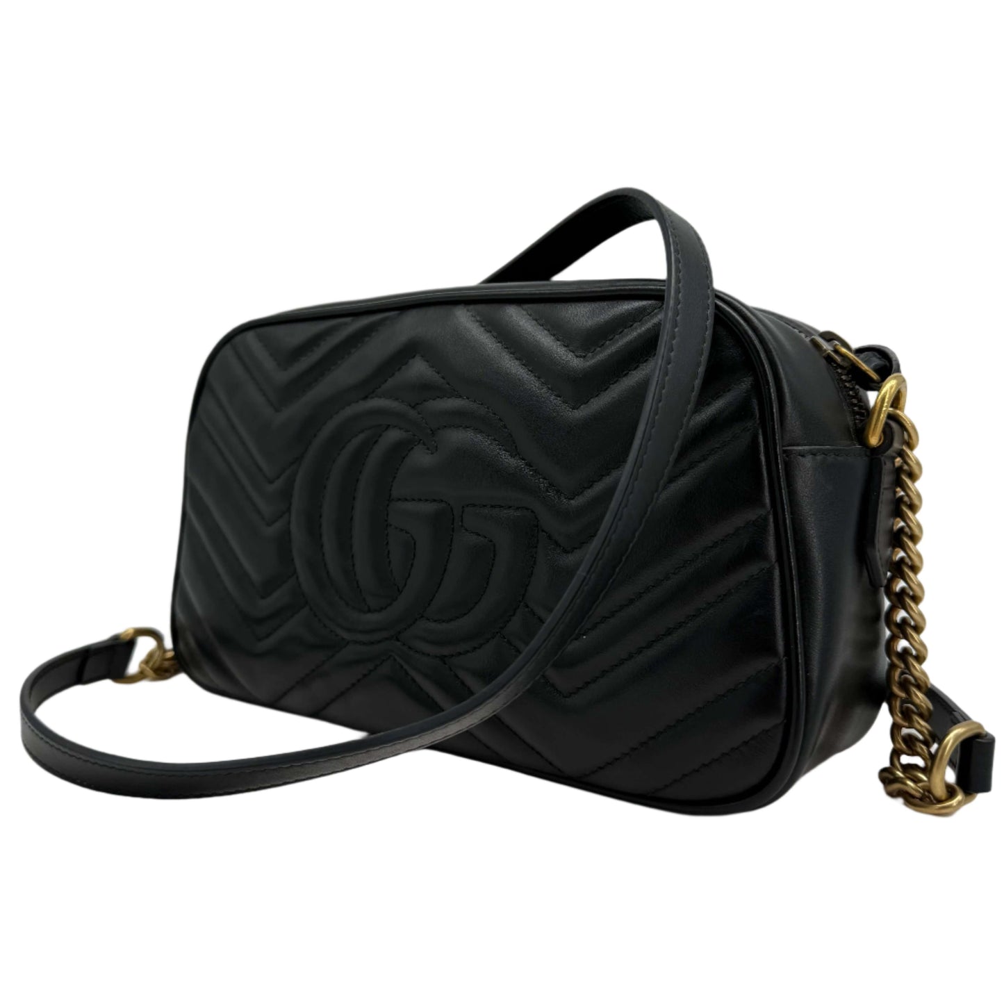 Gucci GG Marmont Small Shoulder Bag – Black Matelassé Calfskin with Antiqued Gold Chain
