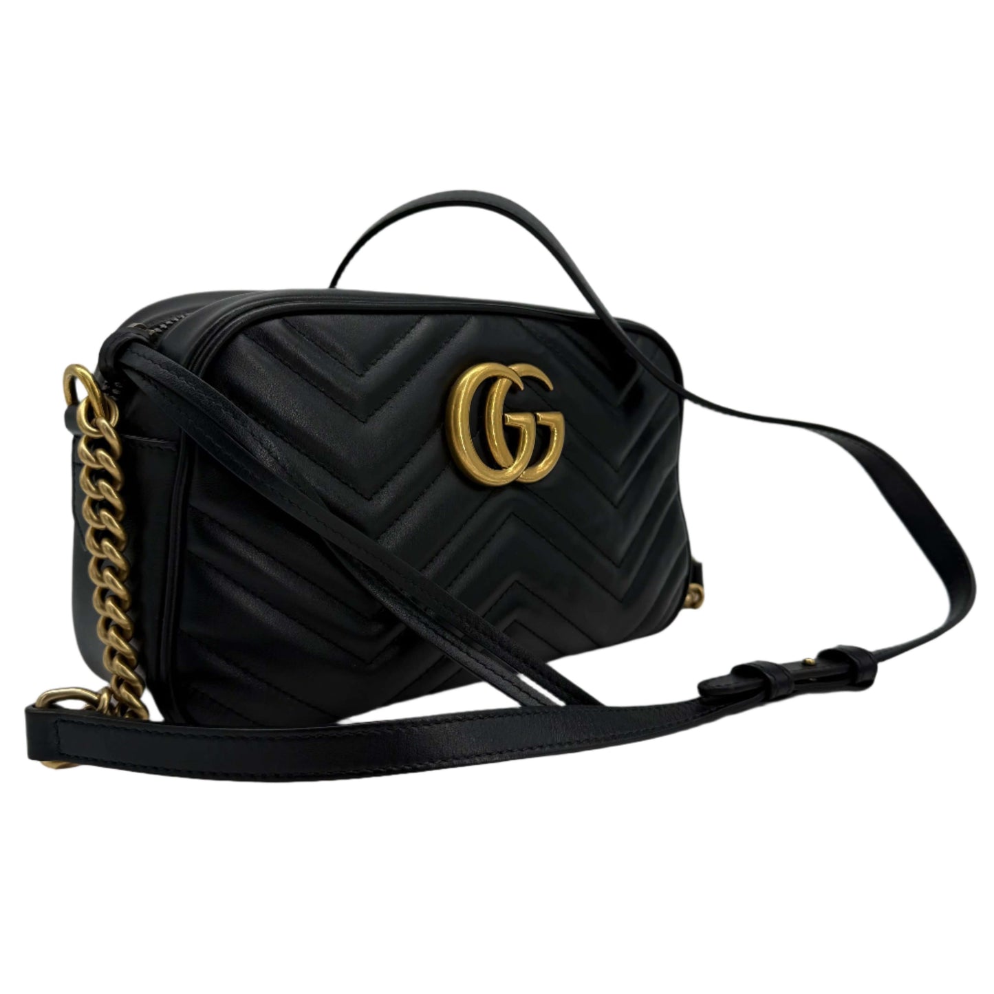 Gucci GG Marmont Small Shoulder Bag – Black Matelassé Calfskin with Antiqued Gold Chain