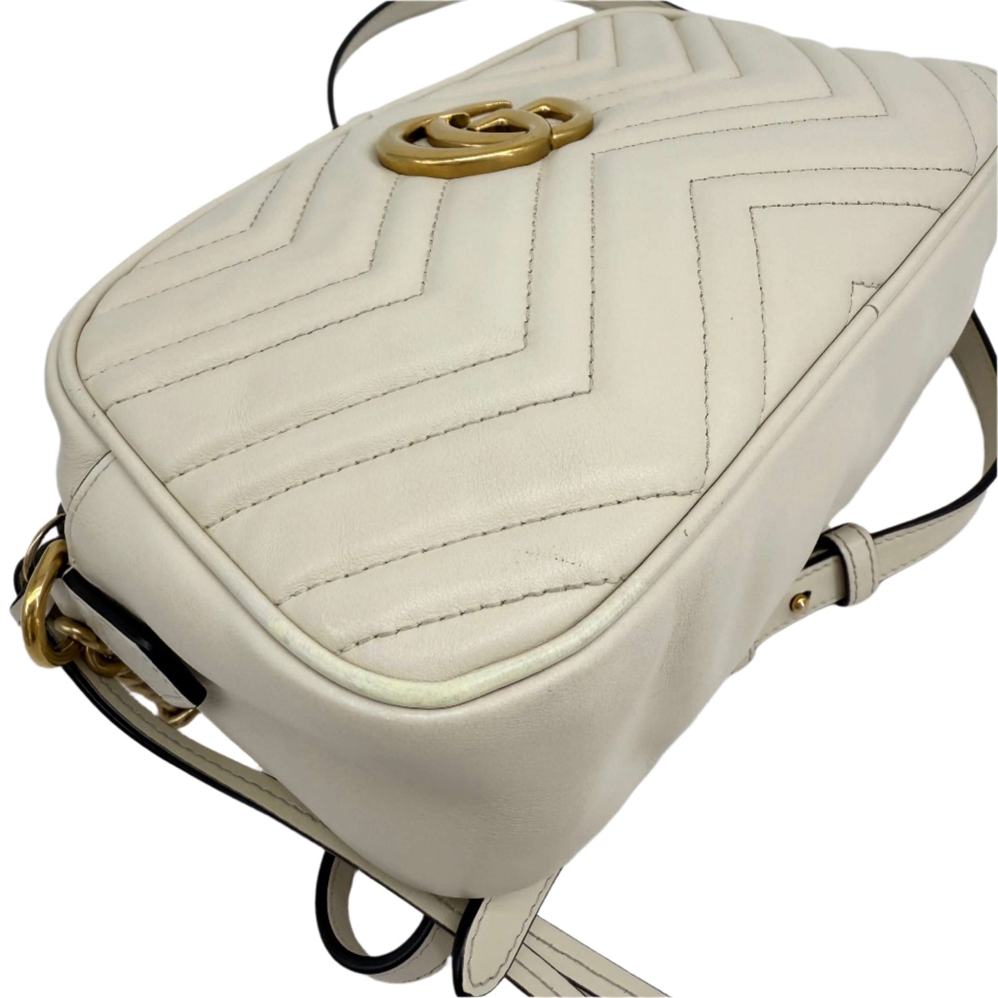 Gucci GG Marmont Small Shoulder Bag – White Matelassé Calfskin with Antiqued Gold Chain