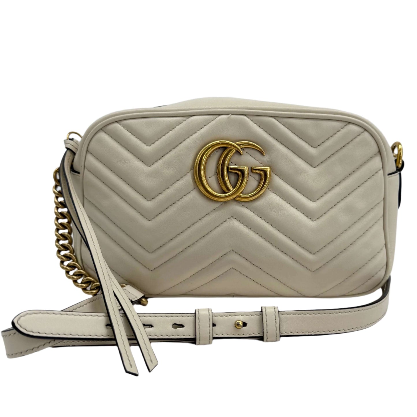 Gucci GG Marmont Small Shoulder Bag – White Matelassé Calfskin with Antiqued Gold Chain