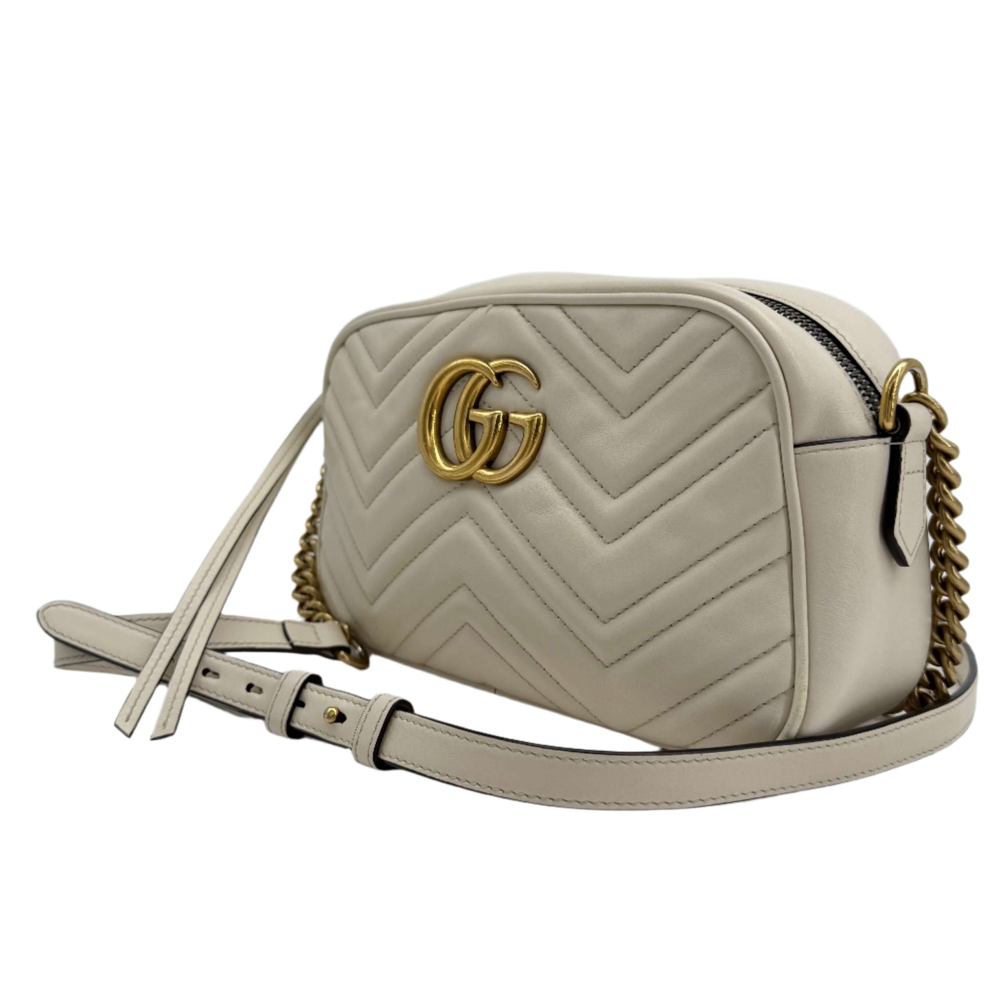 Gucci GG Marmont Small Shoulder Bag – White Matelassé Calfskin with Antiqued Gold Chain