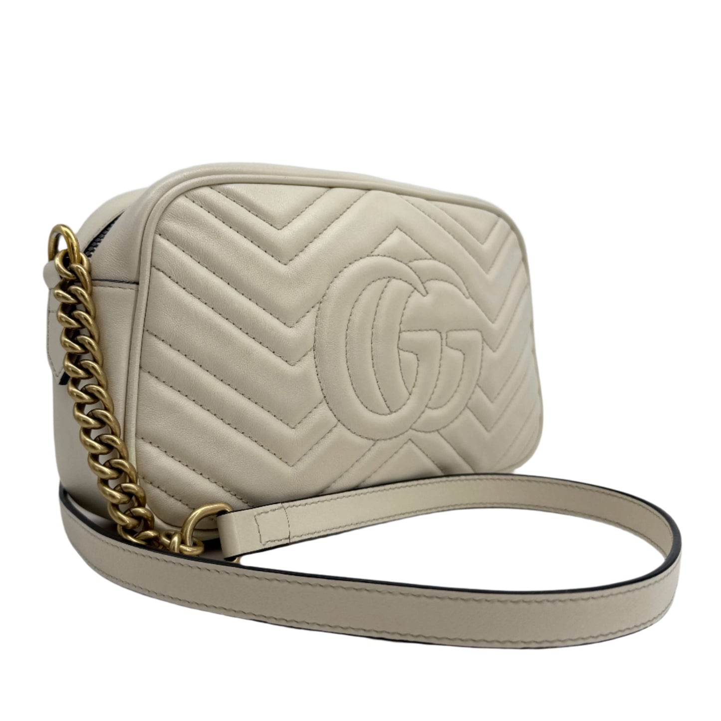 Gucci GG Marmont Small Shoulder Bag – White Matelassé Calfskin with Antiqued Gold Chain