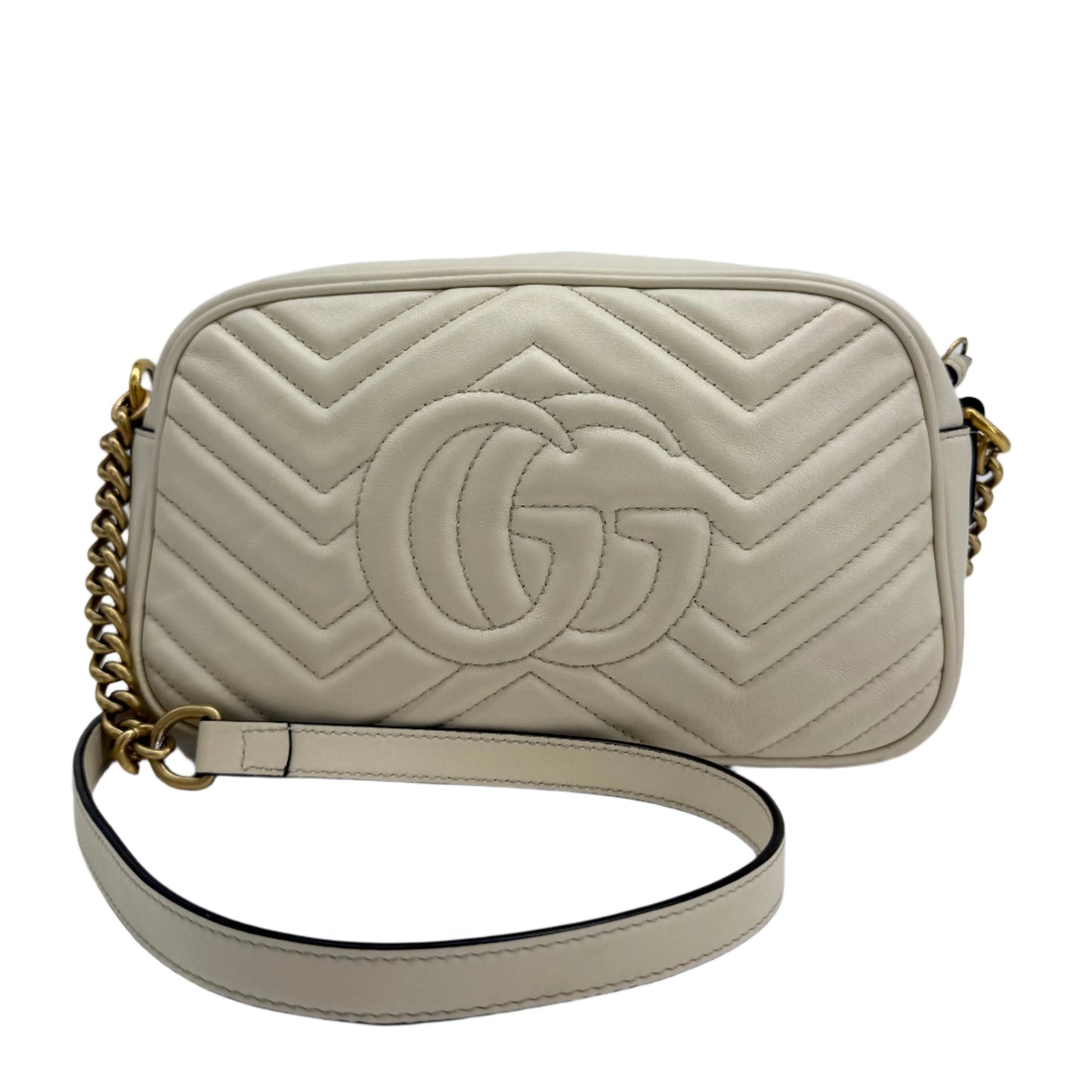 Gucci GG Marmont Small Shoulder Bag – White Matelassé Calfskin with Antiqued Gold Chain
