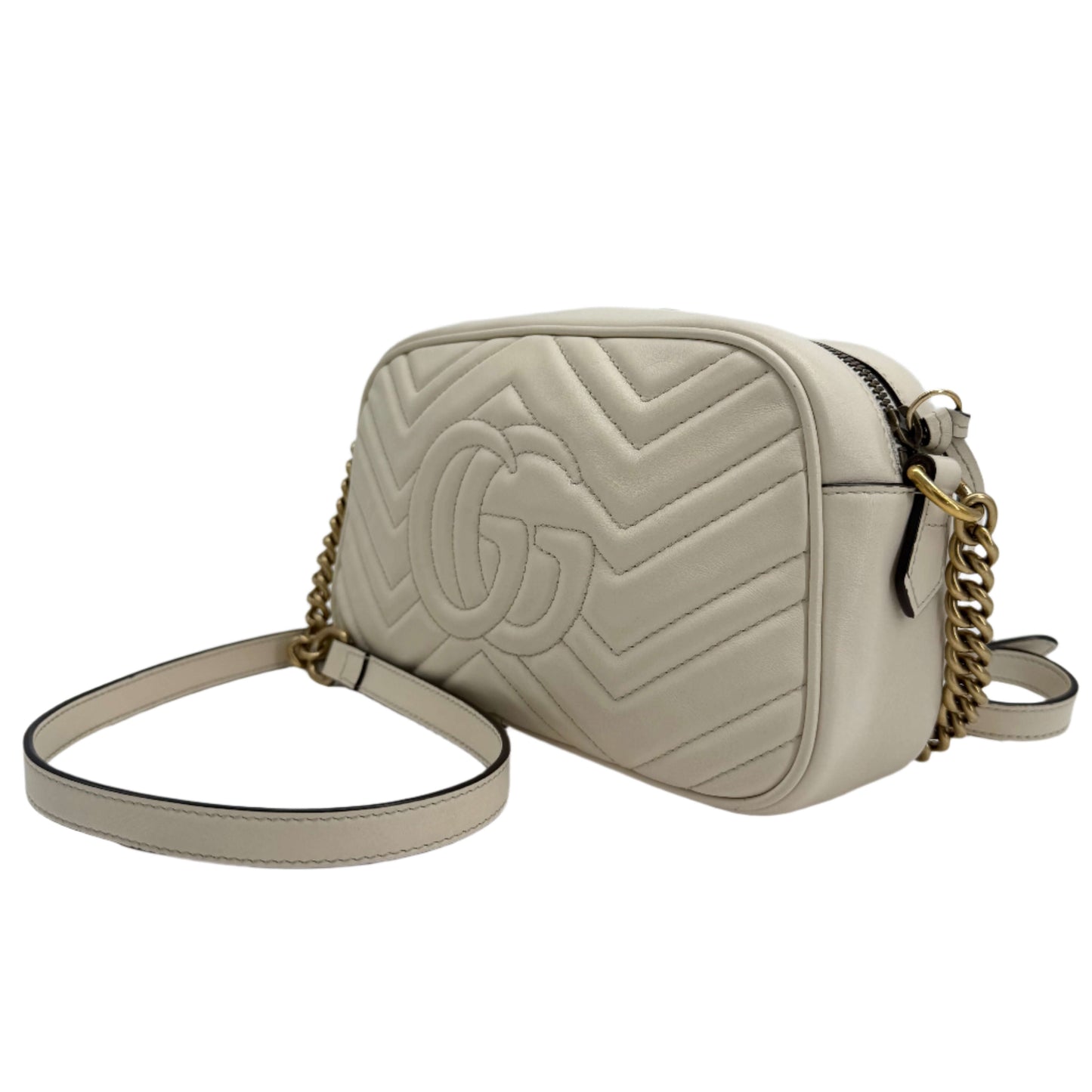 Gucci GG Marmont Small Shoulder Bag – White Matelassé Calfskin with Antiqued Gold Chain