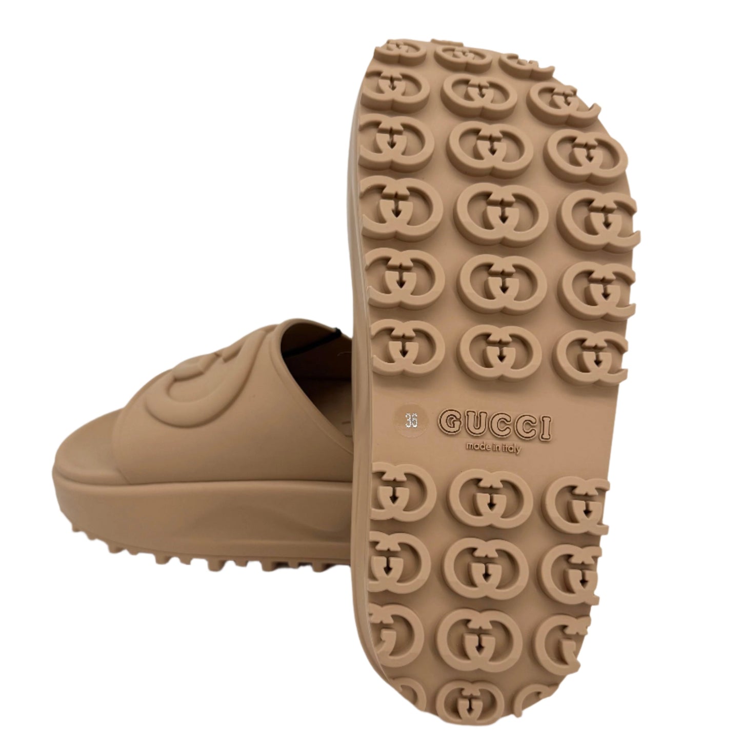 Gucci Interlocking G Platform Slide Sandals – Soft Rubber in Vintage Camel (Size 36)