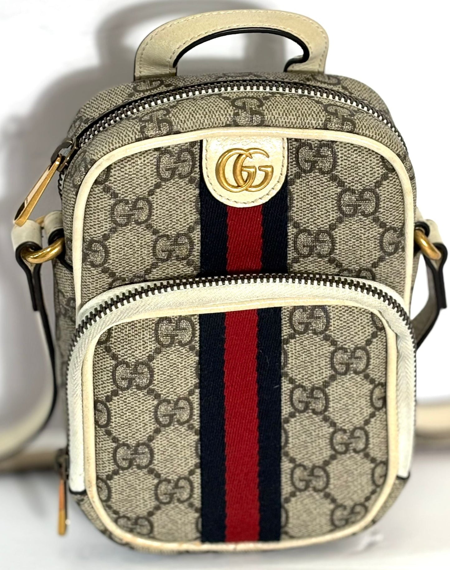 GUCCI GG SUPREME WEB MINI OPHIDIA DOUBLE ZIP MESSENGER BAG