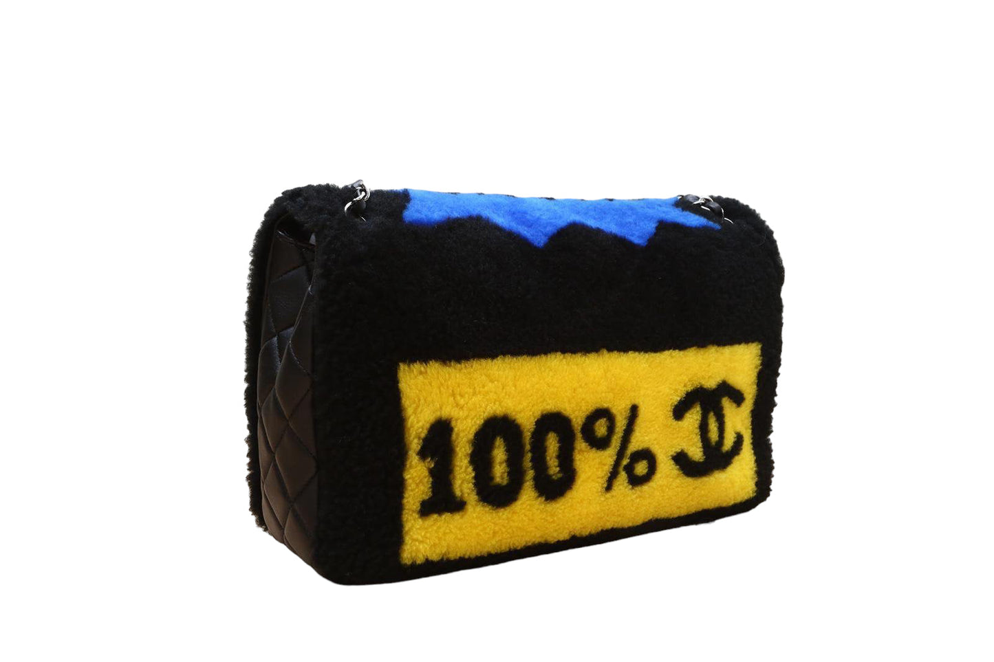 CHANEL 2014 SUPERMARKET COMIC BLACK MULTICOLOR SHEARLING FLAP BAG