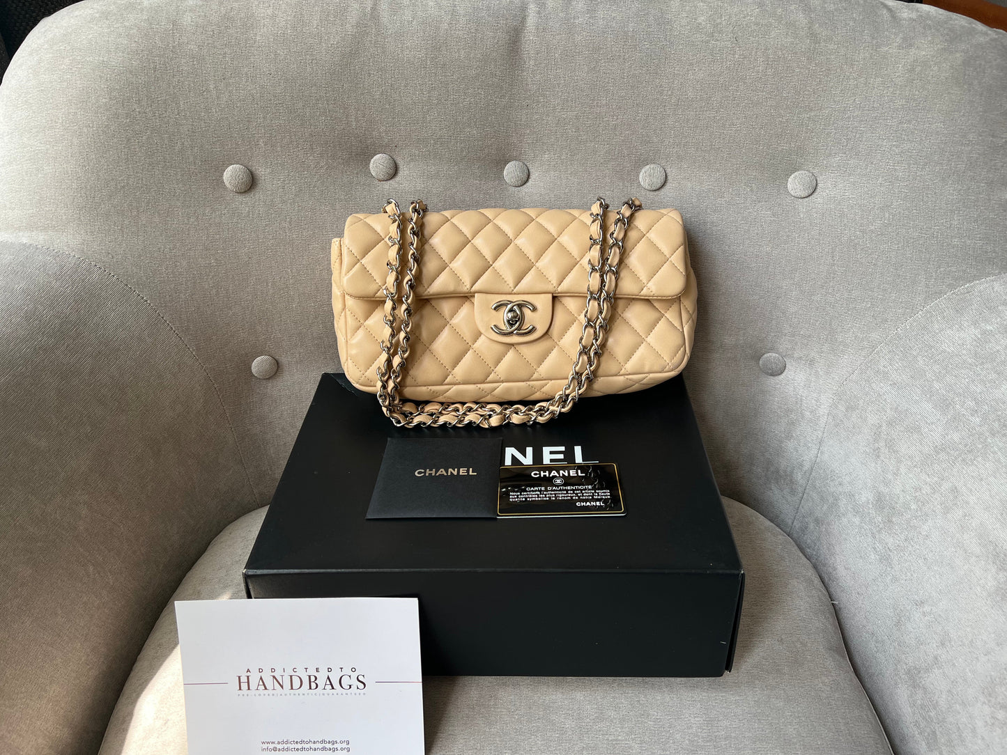 Chanel East West Flap in Light Beige Lambskin Silver Hardware
