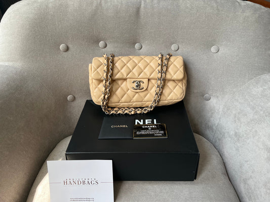 Chanel East West Flap in Light Beige Lambskin Silver Hardware