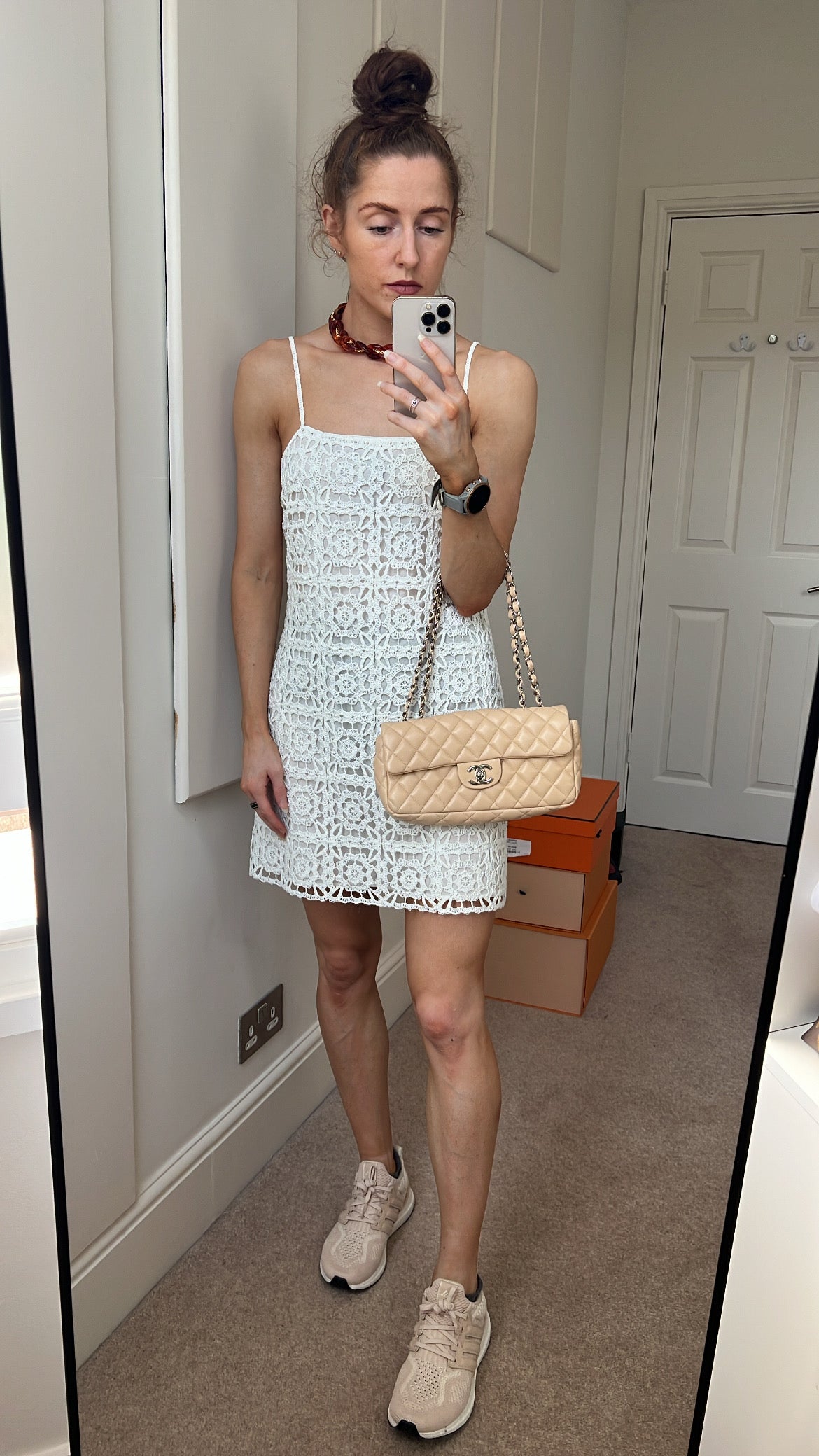 Chanel East West Flap in Light Beige Lambskin Silver Hardware