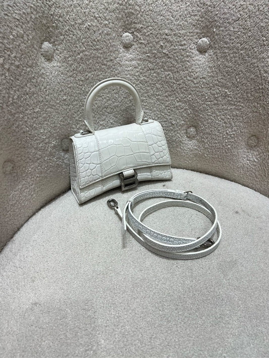 Balenciaga Hourglass Small White Croc-Embossed Leather Top Handle Bag