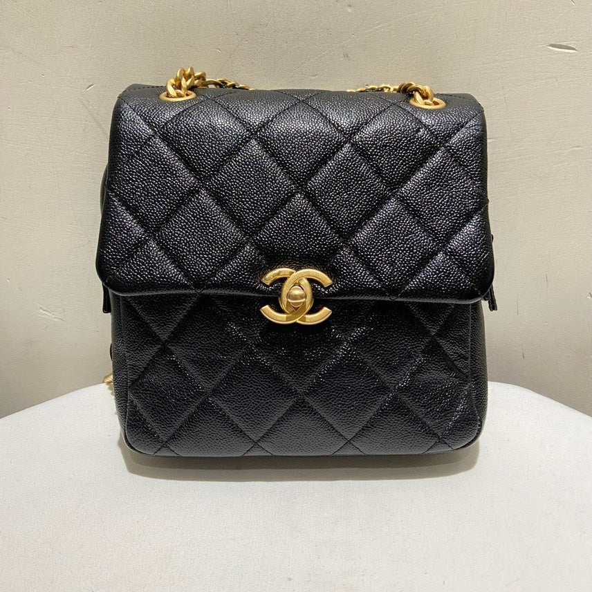 Preloved Chanel 22P Quilted Black Leather Backpack
