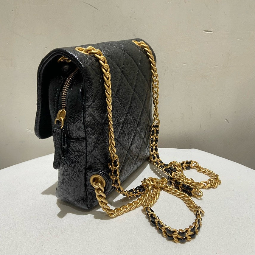 Preloved Chanel 22P Quilted Black Leather Backpack