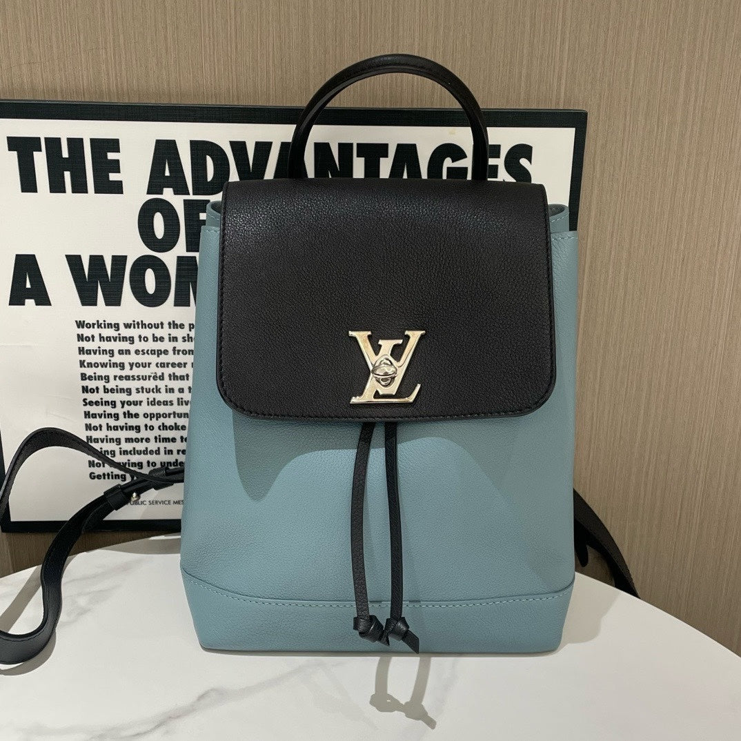 Preloved Louis Vuitton Lock Me Backpack Black and Light Blue Leather Bag (2016) #13648