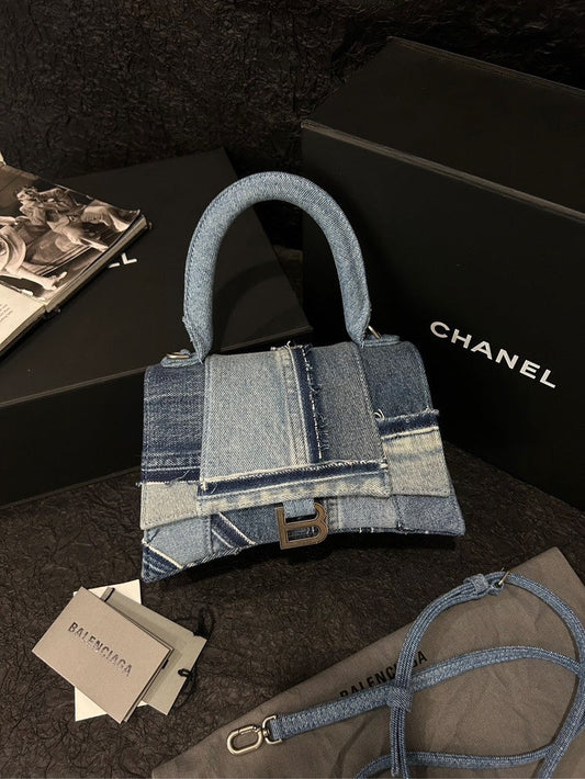 Balenciaga Hourglass Small Denim Patchwork Bag - Blue Shoulder Bag