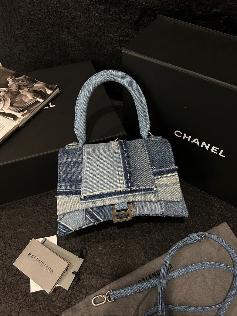 Balenciaga Hourglass Small Denim Patchwork Bag - Blue Shoulder Bag