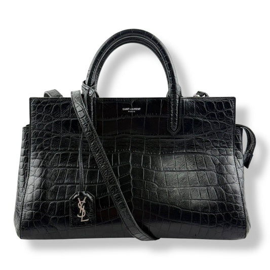 Saint Laurent Calfskin Black Croc Embossed Leather Small Cabas Handbag
