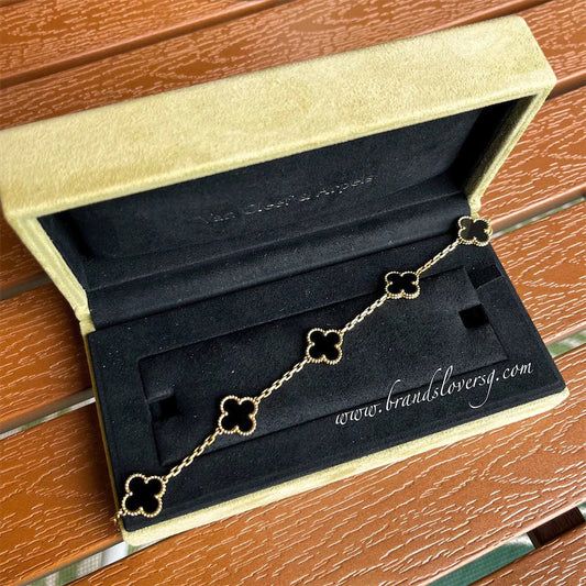 Van Cleef & Arpels VCA Vintage Alhambra 5 Motifs Black Onyx Bracelet in 18K Yellow Gold