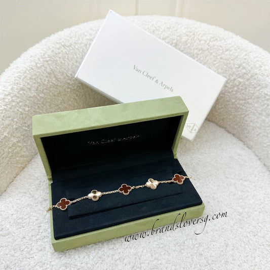 Van Cleef & Arpels VCA Vintage Alhambra 5 Motifs Guilloché Bracelet with Carnelian in 18K Rose Gold